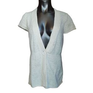 UNITED STATES SWEATERS Womens M Cream Knit Short Sleeve Button V-Neck Sweater